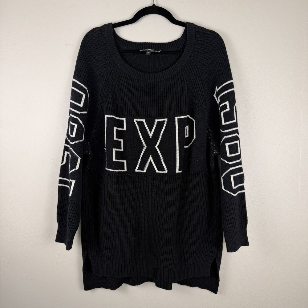 Express Shaker Sweater Women's Large Black Ribbed Knit EXP Logo Cotton Pullover